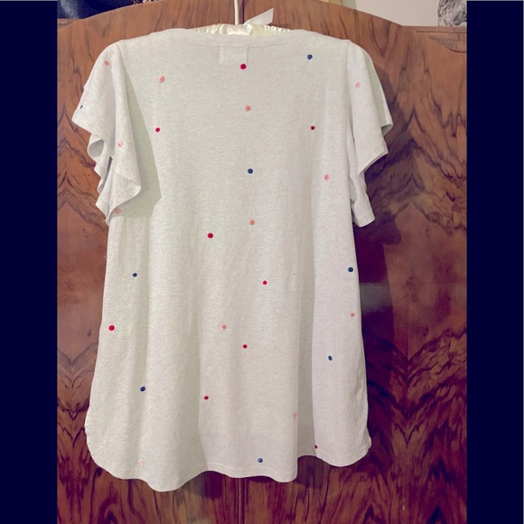Anthropologie Flutter Sleeve Tee with multi colored embroidered Swiss Dots. - Picture 7 of 15
